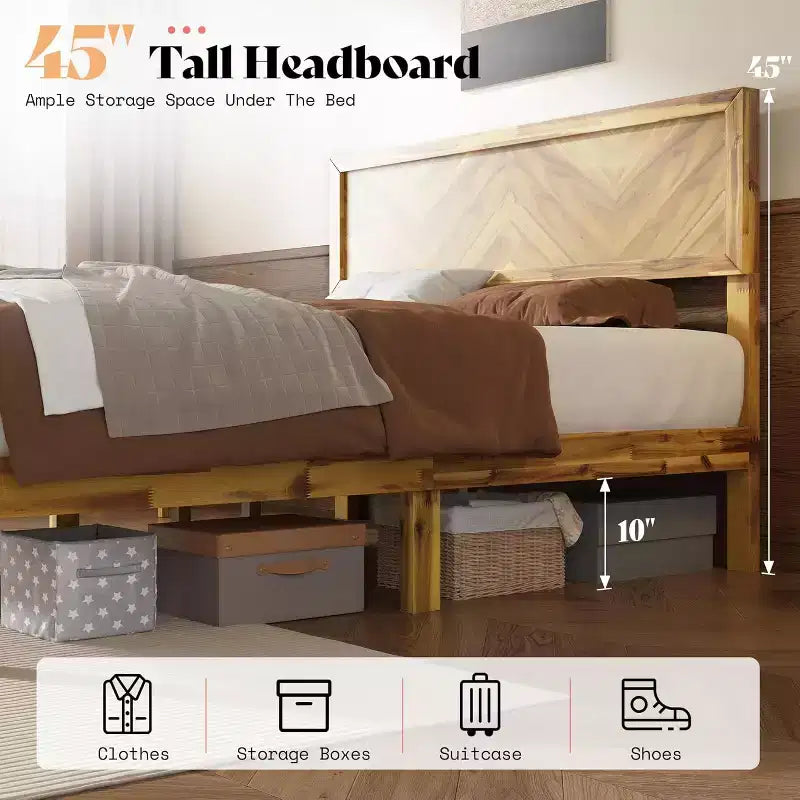 AMERLIFE Bed Frame with Headboard, Solid Acacia Wood Mid-Century Modern Platform Bed with Wood Slats Support, No Box Spring Needed, Brown
