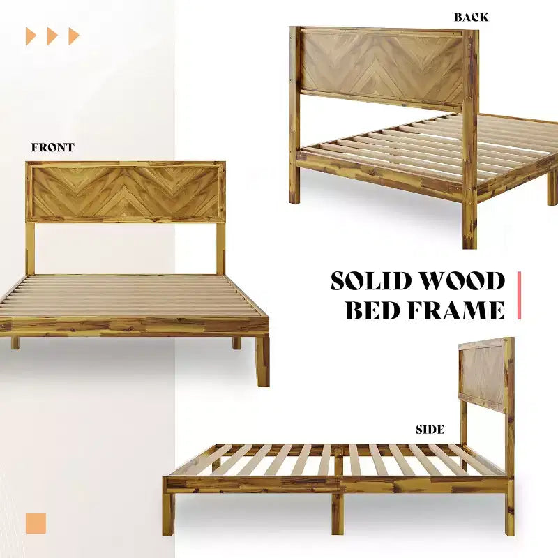 AMERLIFE Bed Frame with Headboard, Solid Acacia Wood Mid-Century Modern Platform Bed with Wood Slats Support, No Box Spring Needed, Brown