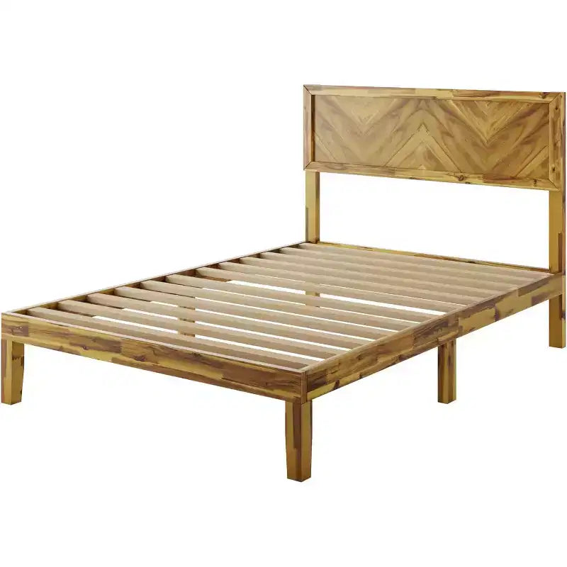 AMERLIFE Bed Frame with Headboard, Solid Acacia Wood Mid-Century Modern Platform Bed with Wood Slats Support, No Box Spring Needed, Brown