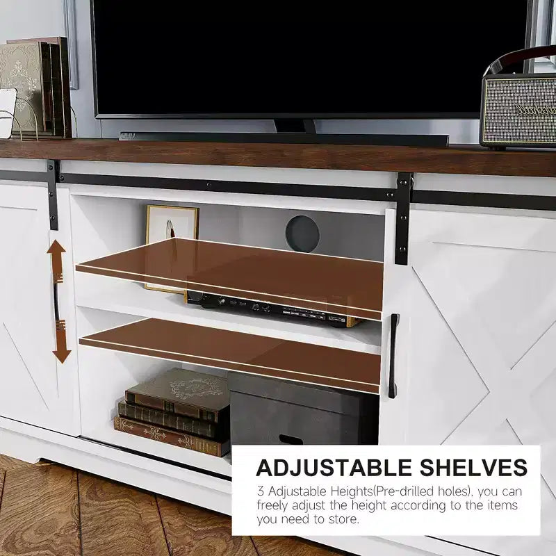 63 Farmhouse TV Stand with Storage, Barn Doors & Adjustable Shelves, Modern Entertainment Console for 65 Inch TVs, for Living Room, Bedroom