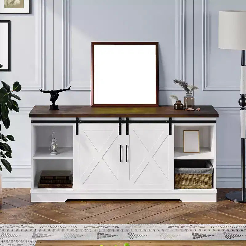 63 Farmhouse TV Stand with Storage, Barn Doors & Adjustable Shelves, Modern Entertainment Console for 65 Inch TVs, for Living Room, Bedroom
