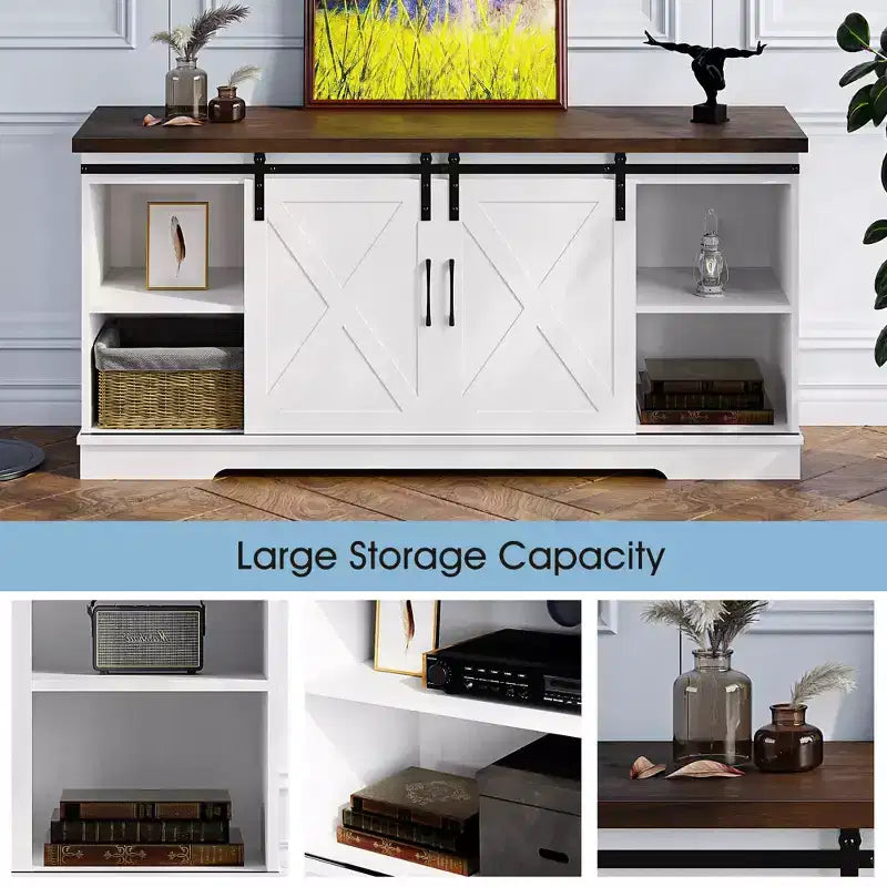 63 Farmhouse TV Stand with Storage, Barn Doors & Adjustable Shelves, Modern Entertainment Console for 65 Inch TVs, for Living Room, Bedroom