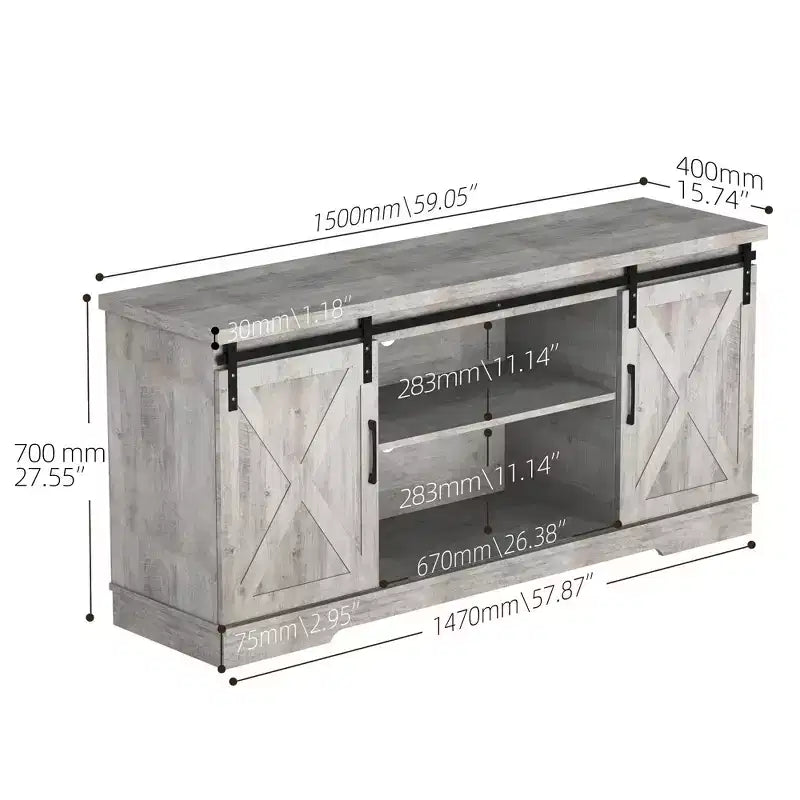 63 Farmhouse TV Stand with Storage, Barn Doors & Adjustable Shelves, Modern Entertainment Console for 65 Inch TVs, for Living Room, Bedroom