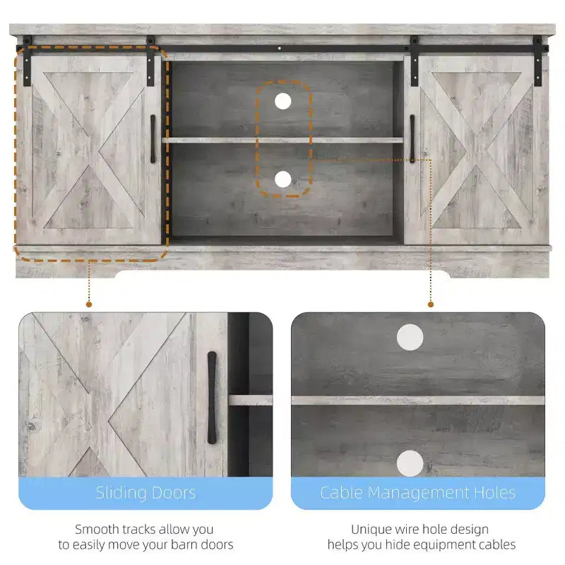 63 Farmhouse TV Stand with Storage, Barn Doors & Adjustable Shelves, Modern Entertainment Console for 65 Inch TVs, for Living Room, Bedroom