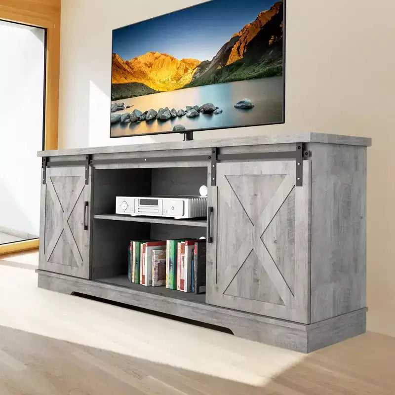 63 Farmhouse TV Stand with Storage, Barn Doors & Adjustable Shelves, Modern Entertainment Console for 65 Inch TVs, for Living Room, Bedroom