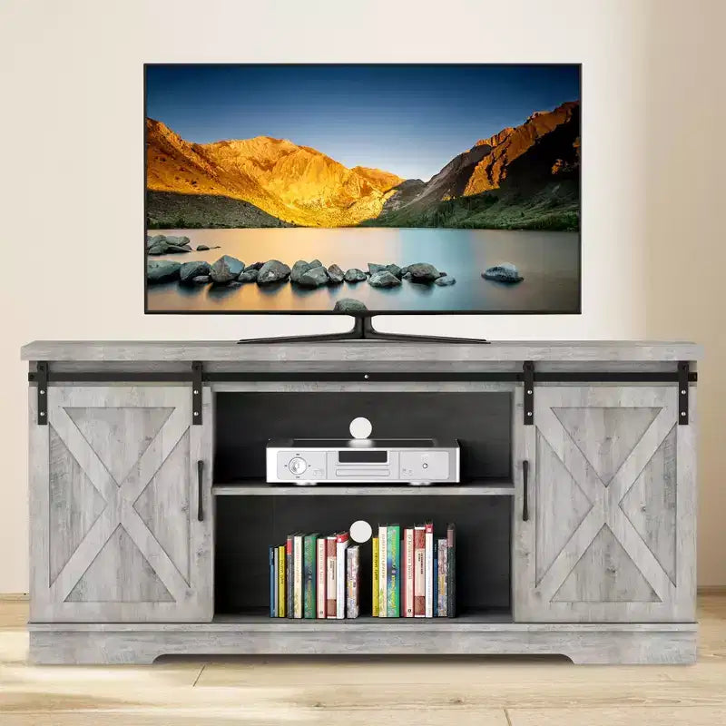 63 Farmhouse TV Stand with Storage, Barn Doors & Adjustable Shelves, Modern Entertainment Console for 65 Inch TVs, for Living Room, Bedroom
