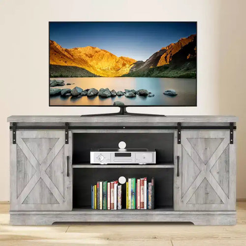 63 Farmhouse TV Stand with Storage, Barn Doors & Adjustable Shelves, Modern Entertainment Console for 65 Inch TVs, for Living Room, Bedroom