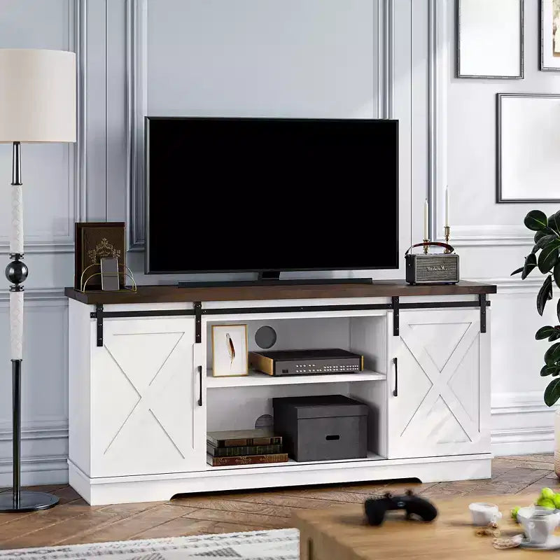 63 Farmhouse TV Stand with Storage, Barn Doors & Adjustable Shelves, Modern Entertainment Console for 65 Inch TVs, for Living Room, Bedroom