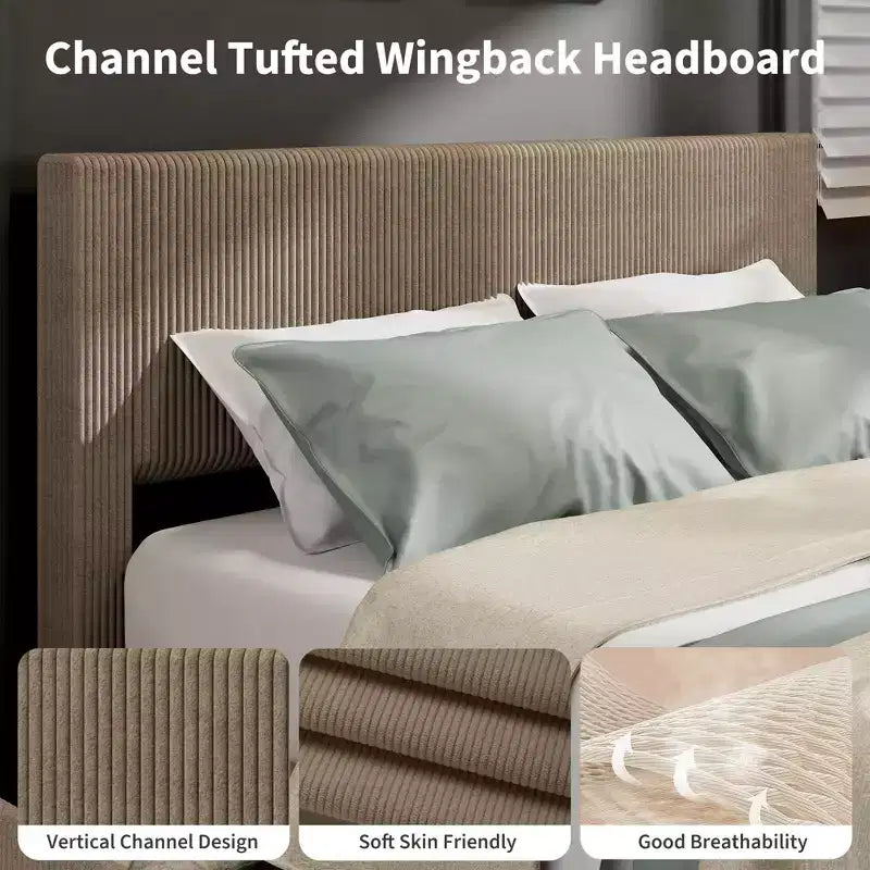 Bed Frame with Tall Tufted Wingback Headboard, 4 Storage Drawers, Wooden Slats Support, No Box Spring Needed