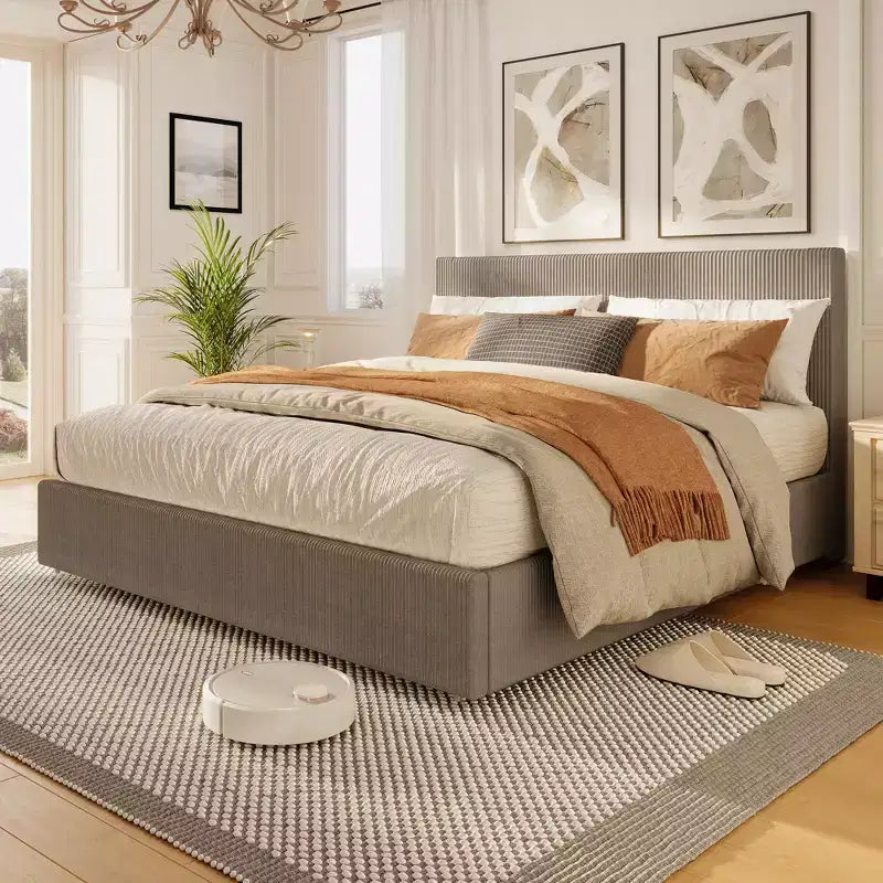 Bed Frame with Tall Tufted Wingback Headboard, 4 Storage Drawers, Wooden Slats Support, No Box Spring Needed
