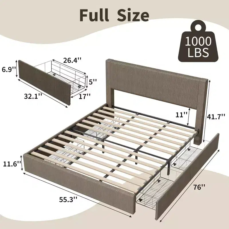 Bed Frame with Tall Tufted Wingback Headboard, 4 Storage Drawers, Wooden Slats Support, No Box Spring Needed