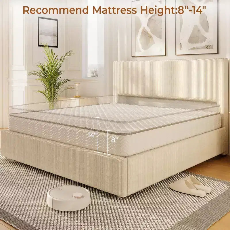 Bed Frame with Tall Tufted Wingback Headboard, 4 Storage Drawers, Wooden Slats Support, No Box Spring Needed