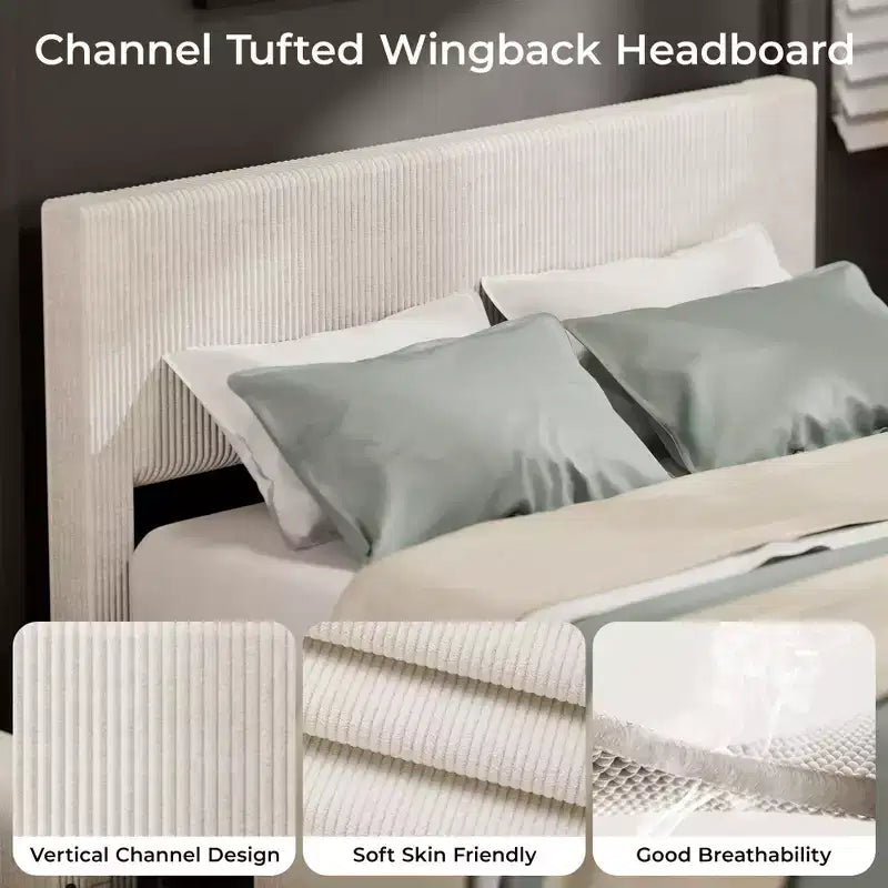 Bed Frame with Tall Tufted Wingback Headboard, 4 Storage Drawers, Wooden Slats Support, No Box Spring Needed