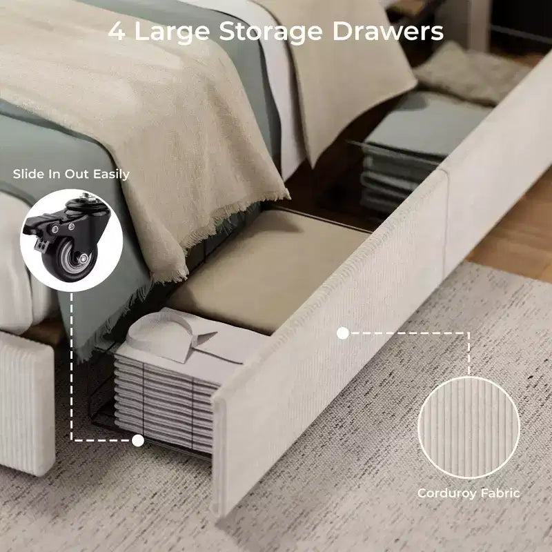 Bed Frame with Tall Tufted Wingback Headboard, 4 Storage Drawers, Wooden Slats Support, No Box Spring Needed