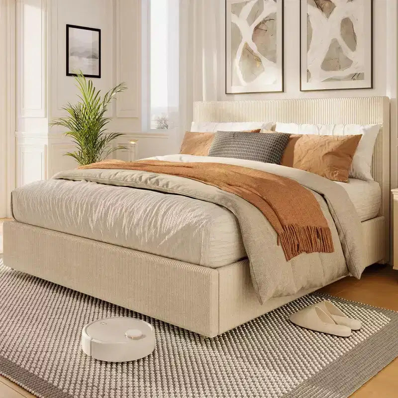 Bed Frame with Tall Tufted Wingback Headboard, 4 Storage Drawers, Wooden Slats Support, No Box Spring Needed