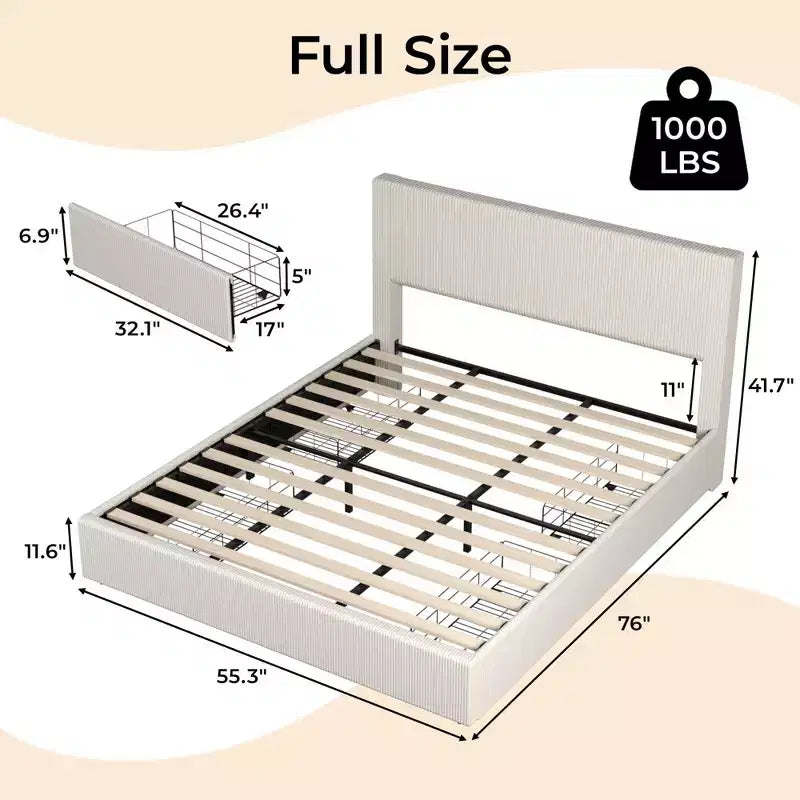 Bed Frame with Tall Tufted Wingback Headboard, 4 Storage Drawers, Wooden Slats Support, No Box Spring Needed