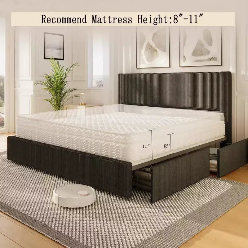 Bed Frame with Tall Tufted Wingback Headboard, 4 Storage Drawers, Wooden Slats Support, No Box Spring Needed