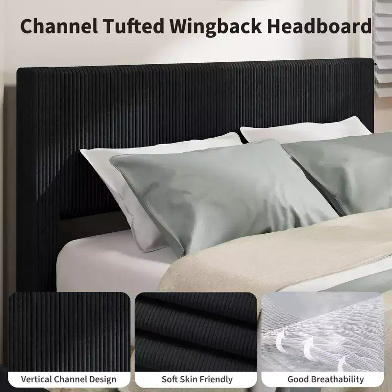 Bed Frame with Tall Tufted Wingback Headboard, 4 Storage Drawers, Wooden Slats Support, No Box Spring Needed