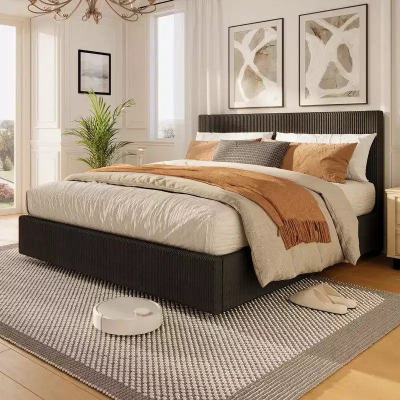 Bed Frame with Tall Tufted Wingback Headboard, 4 Storage Drawers, Wooden Slats Support, No Box Spring Needed