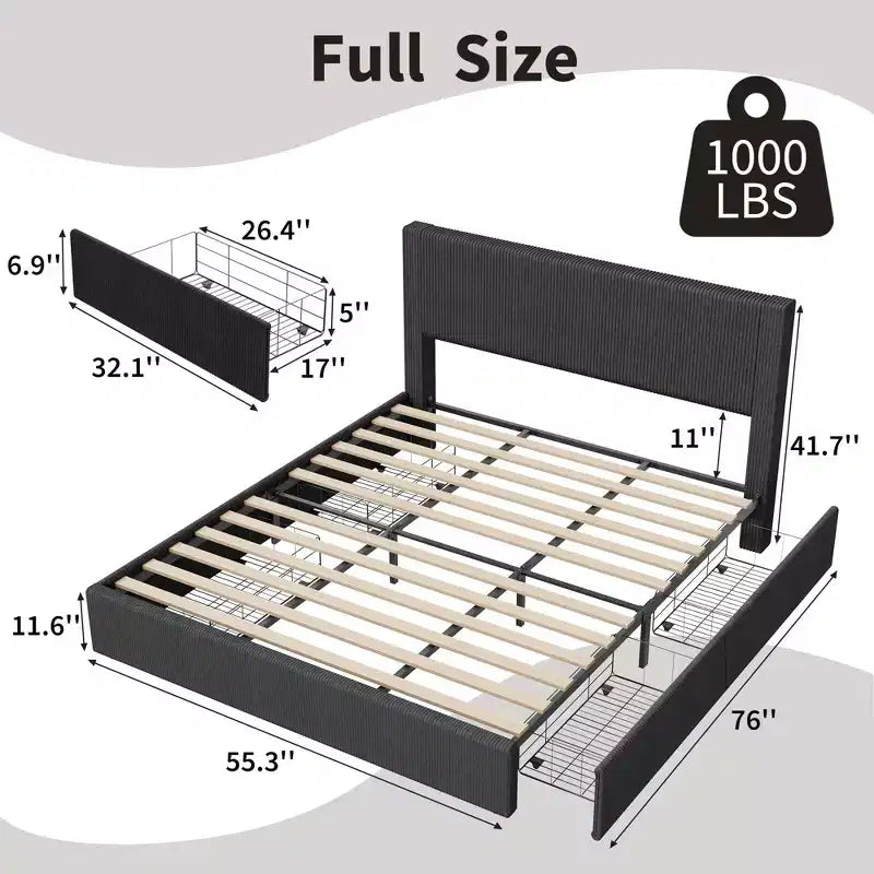 Bed Frame with Tall Tufted Wingback Headboard, 4 Storage Drawers, Wooden Slats Support, No Box Spring Needed