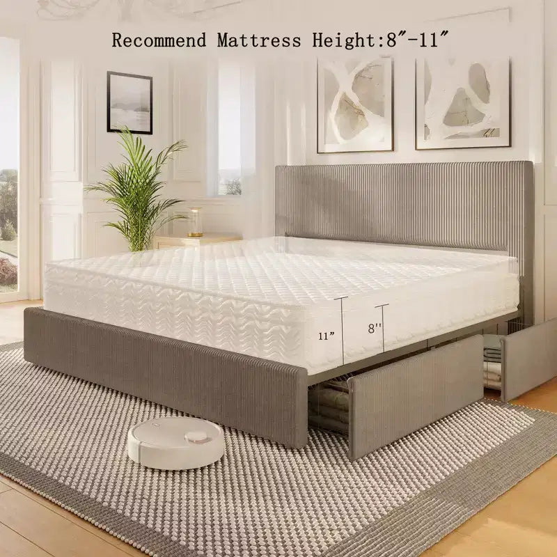 Bed Frame with Tall Tufted Wingback Headboard, 4 Storage Drawers, Wooden Slats Support, No Box Spring Needed