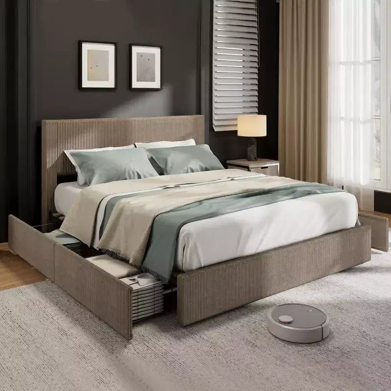 Bed Frame with Tall Tufted Wingback Headboard, 4 Storage Drawers, Wooden Slats Support, No Box Spring Needed
