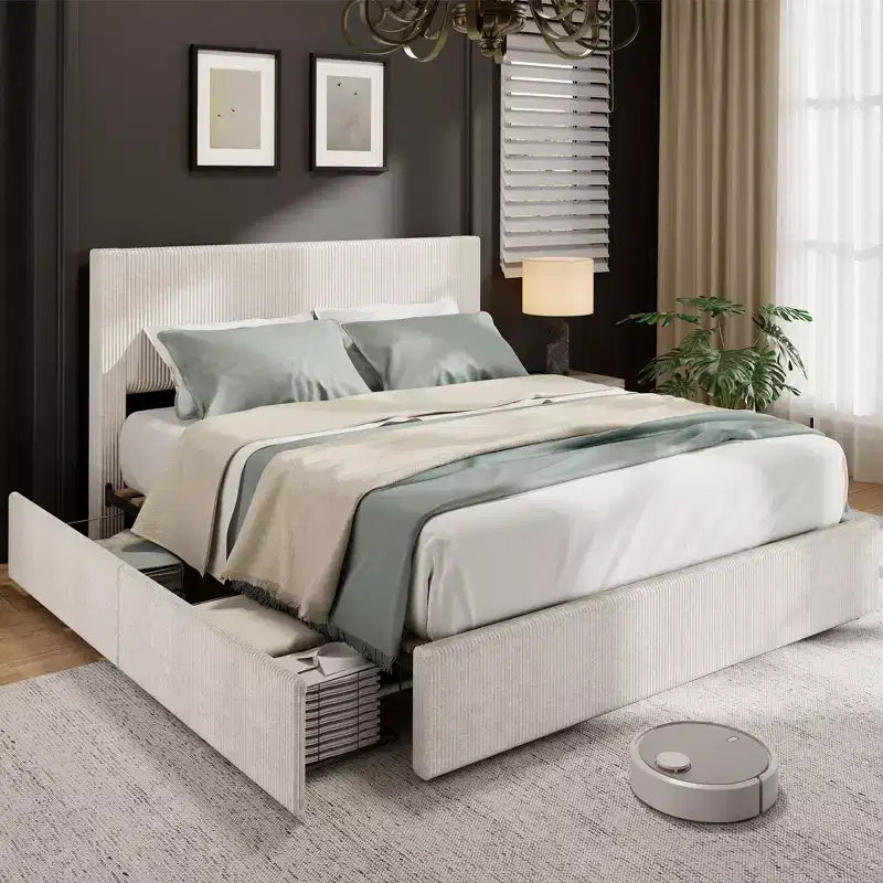 Bed Frame with Tall Tufted Wingback Headboard, 4 Storage Drawers, Wooden Slats Support, No Box Spring Needed