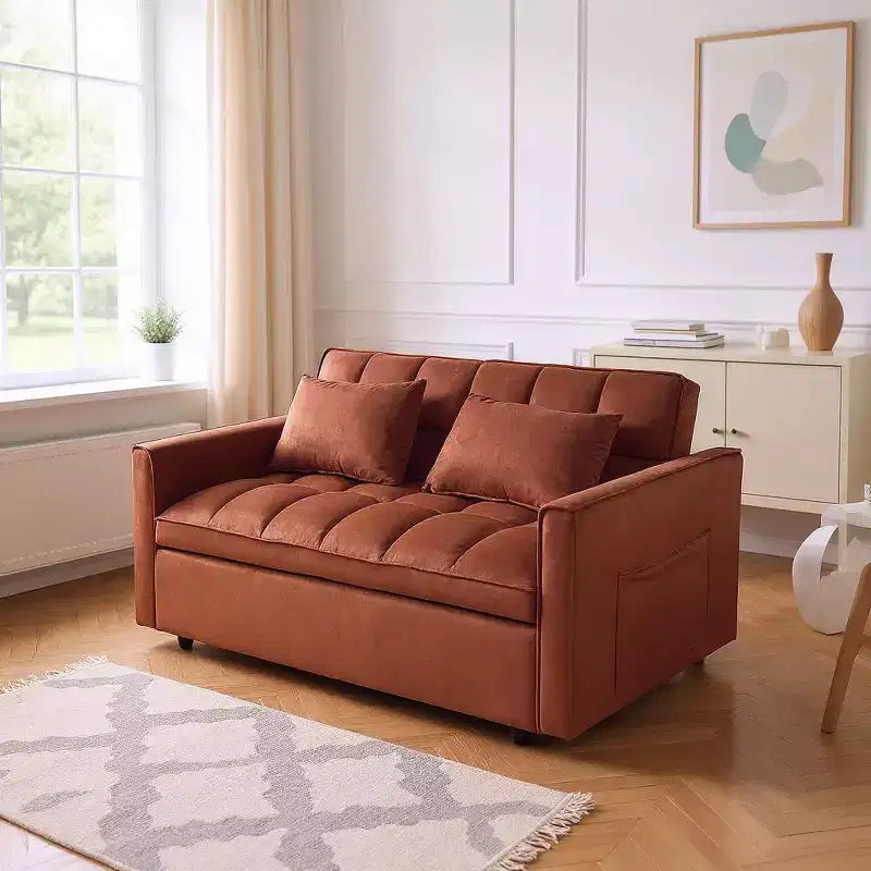 MAYEERTY Adjustable Backrest Sofa Bed Corduroy Upholstered Wooden 2 Seater Sofa Variable Bed for Living Room Camel