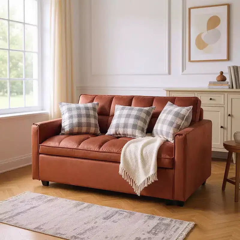MAYEERTY Adjustable Backrest Sofa Bed Corduroy Upholstered Wooden 2 Seater Sofa Variable Bed for Living Room Camel