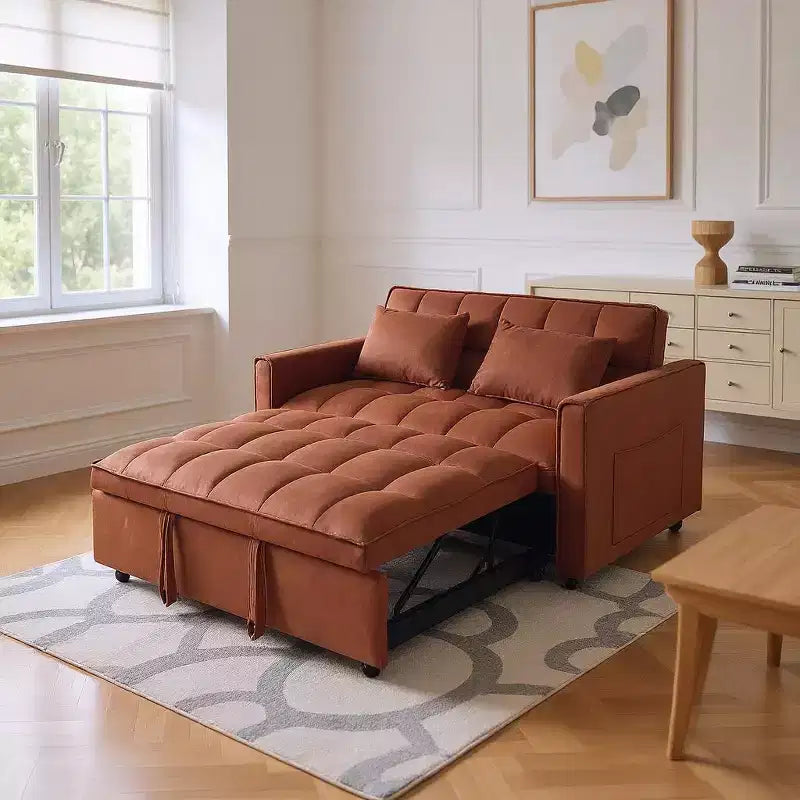 MAYEERTY Adjustable Backrest Sofa Bed Corduroy Upholstered Wooden 2 Seater Sofa Variable Bed for Living Room Camel