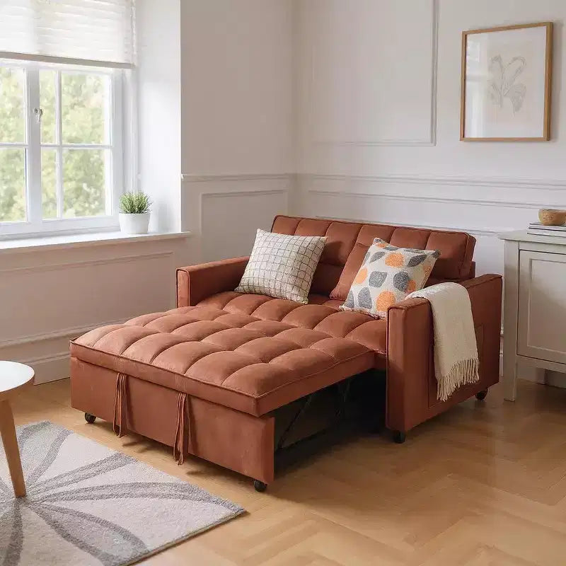 MAYEERTY Adjustable Backrest Sofa Bed Corduroy Upholstered Wooden 2 Seater Sofa Variable Bed for Living Room Camel
