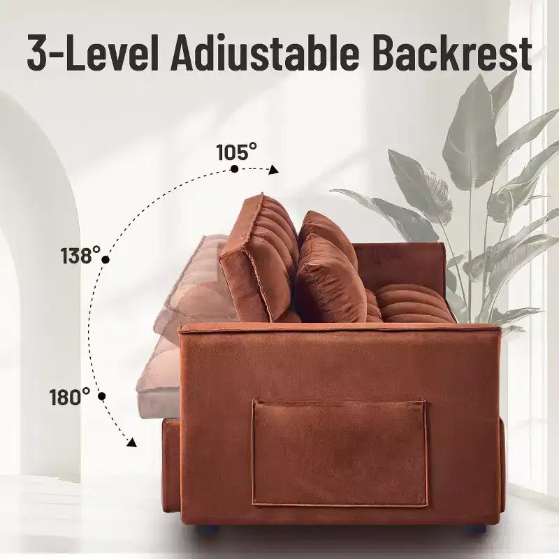 MAYEERTY Adjustable Backrest Sofa Bed Corduroy Upholstered Wooden 2 Seater Sofa Variable Bed for Living Room Camel
