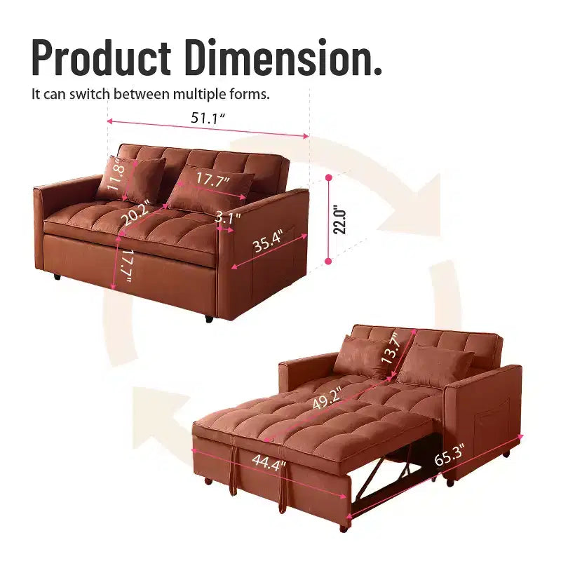 MAYEERTY Adjustable Backrest Sofa Bed Corduroy Upholstered Wooden 2 Seater Sofa Variable Bed for Living Room Camel