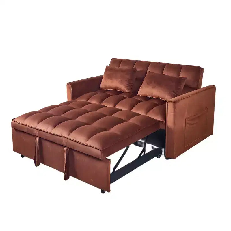 MAYEERTY Adjustable Backrest Sofa Bed Corduroy Upholstered Wooden 2 Seater Sofa Variable Bed for Living Room Camel