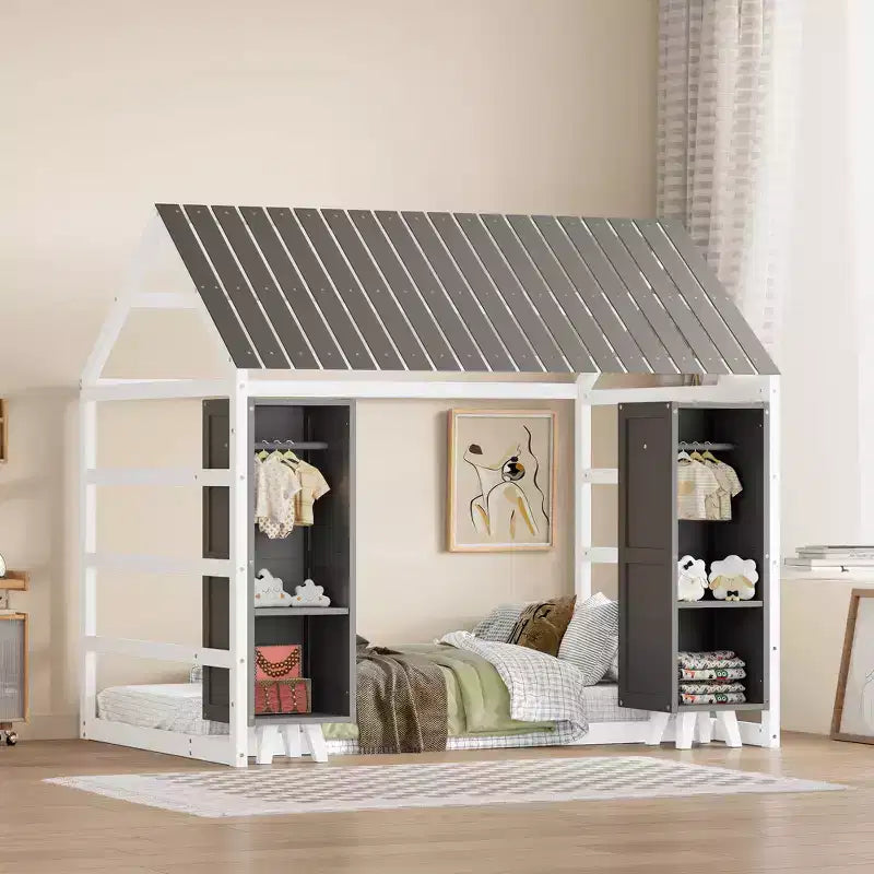 Twin Size Wood House Bed with Roof and Railings, Two Movable Wardrobes, Wooden Frame, Perfect for Children, Teenagers, Boys, or Girls.