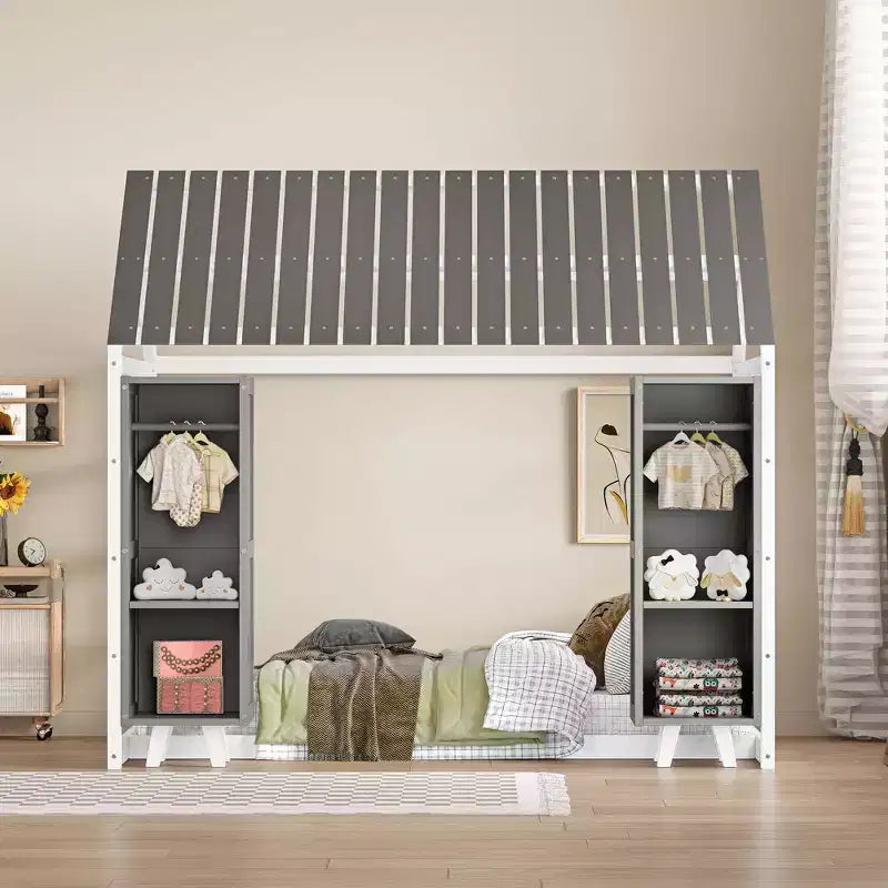 Twin Size Wood House Bed with Roof and Railings, Two Movable Wardrobes, Wooden Frame, Perfect for Children, Teenagers, Boys, or Girls.