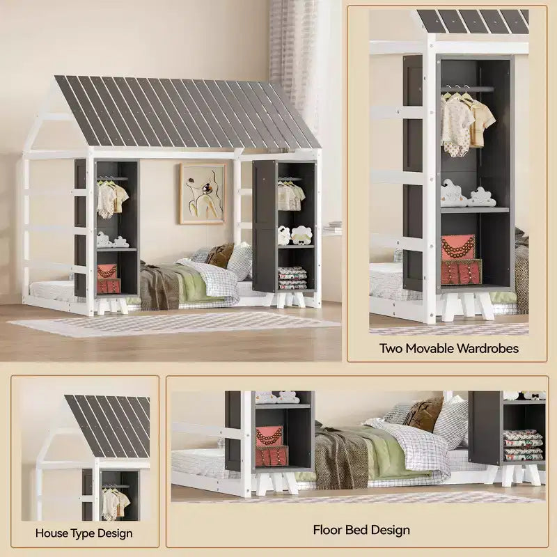 Twin Size Wood House Bed with Roof and Railings, Two Movable Wardrobes, Wooden Frame, Perfect for Children, Teenagers, Boys, or Girls.