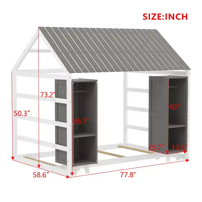 Twin Size Wood House Bed with Roof and Railings, Two Movable Wardrobes, Wooden Frame, Perfect for Children, Teenagers, Boys, or Girls.