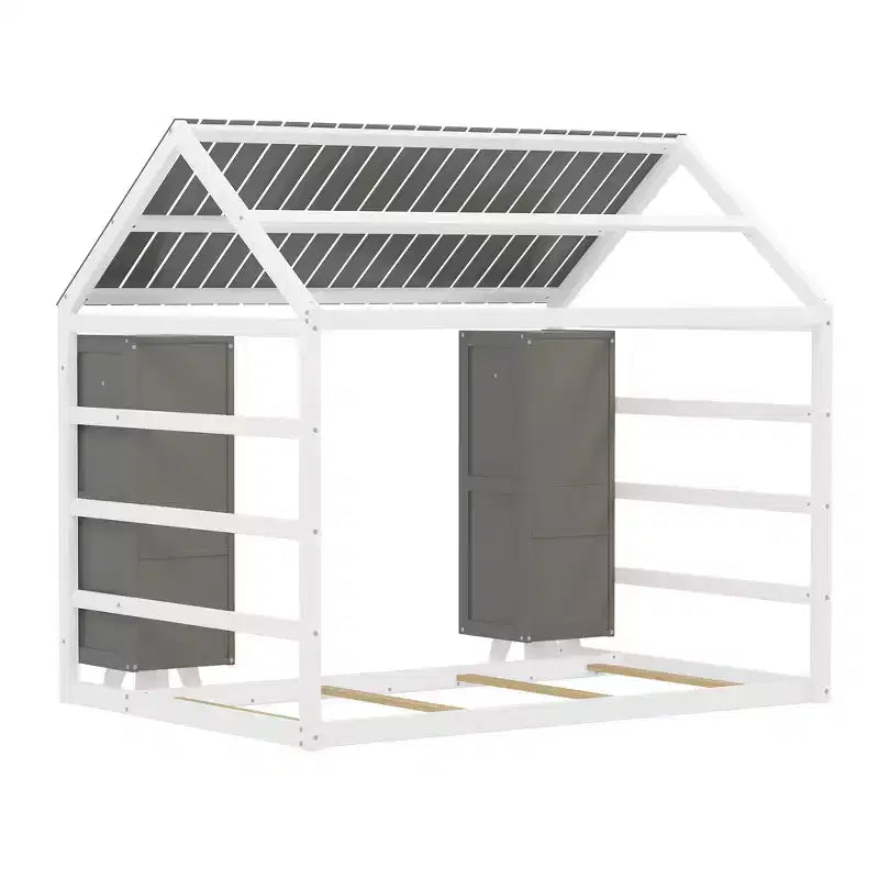 Twin Size Wood House Bed with Roof and Railings, Two Movable Wardrobes, Wooden Frame, Perfect for Children, Teenagers, Boys, or Girls.