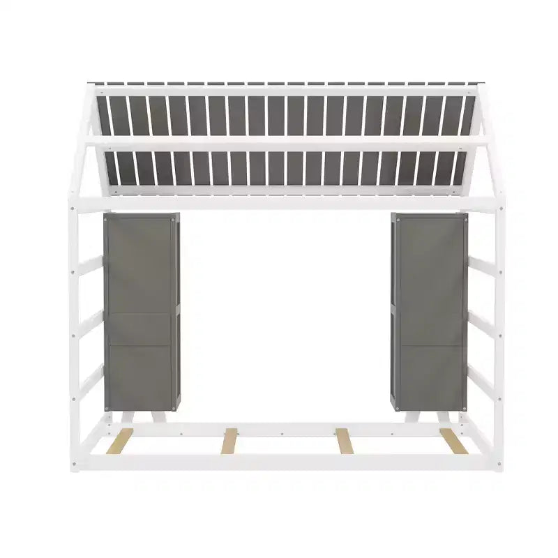 Twin Size Wood House Bed with Roof and Railings, Two Movable Wardrobes, Wooden Frame, Perfect for Children, Teenagers, Boys, or Girls.