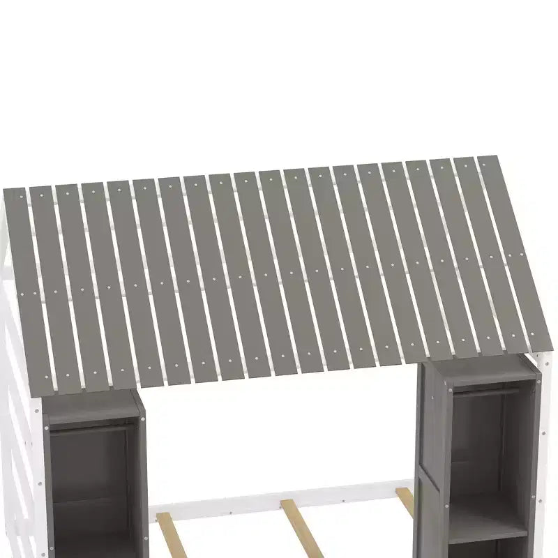 Twin Size Wood House Bed with Roof and Railings, Two Movable Wardrobes, Wooden Frame, Perfect for Children, Teenagers, Boys, or Girls.