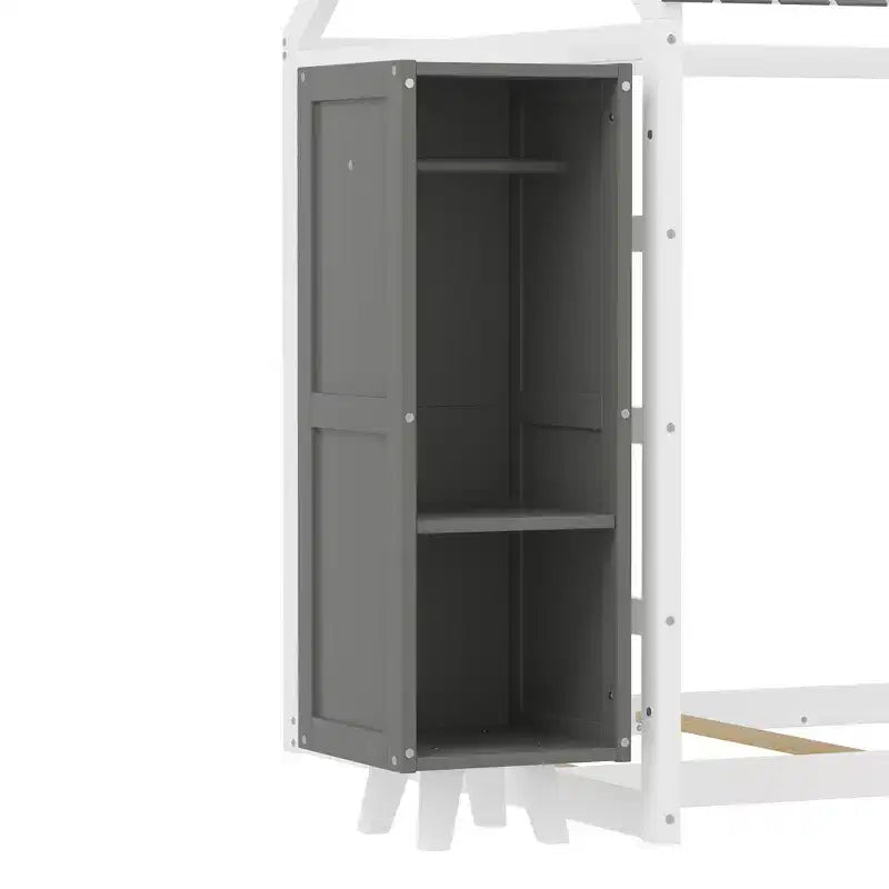 Twin Size Wood House Bed with Roof and Railings, Two Movable Wardrobes, Wooden Frame, Perfect for Children, Teenagers, Boys, or Girls.
