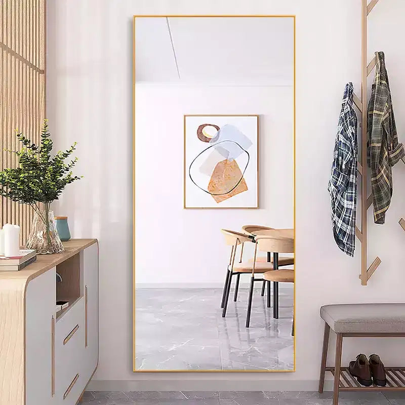MAYEERTY Gold 31.5 x 70.87 Inch Rectangular Thin Edged Aluminum Alloy Full Length Mirror with Stand for Living Room and Bedroom Wall Decor