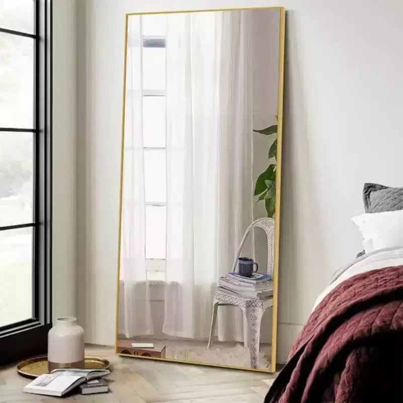 MAYEERTY Gold 31.5 x 70.87 Inch Rectangular Thin Edged Aluminum Alloy Full Length Mirror with Stand for Living Room and Bedroom Wall Decor