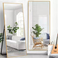 MAYEERTY Gold 31.5 x 70.87 Inch Rectangular Thin Edged Aluminum Alloy Full Length Mirror with Stand for Living Room and Bedroom Wall Decor