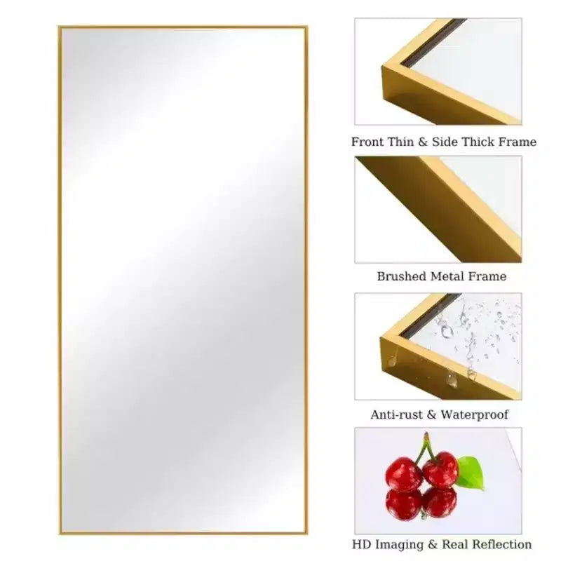 MAYEERTY Gold 31.5 x 70.87 Inch Rectangular Thin Edged Aluminum Alloy Full Length Mirror with Stand for Living Room and Bedroom Wall Decor