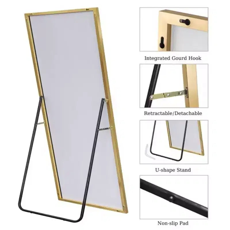 MAYEERTY Gold 31.5 x 70.87 Inch Rectangular Thin Edged Aluminum Alloy Full Length Mirror with Stand for Living Room and Bedroom Wall Decor