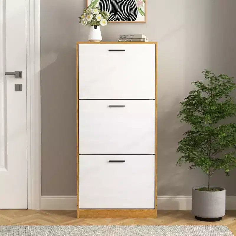 GDFStudio Jace 21 Modern Wooden Shoe Storage Cabinet with 3 Flip Drawers