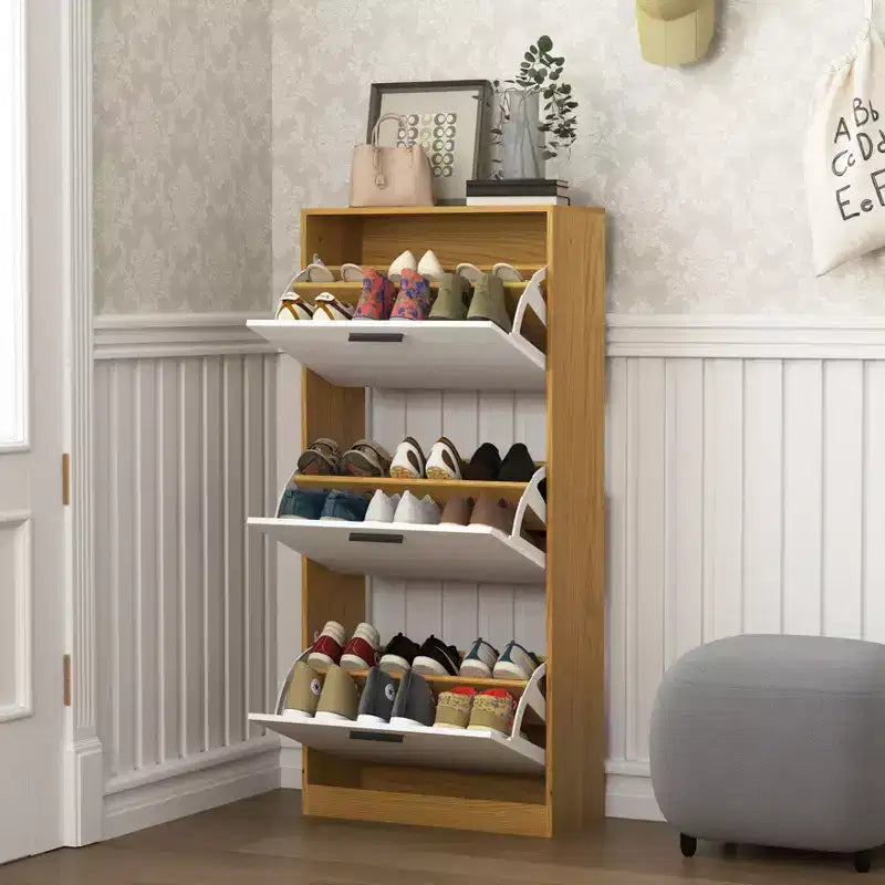 GDFStudio Jace 21 Modern Wooden Shoe Storage Cabinet with 3 Flip Drawers