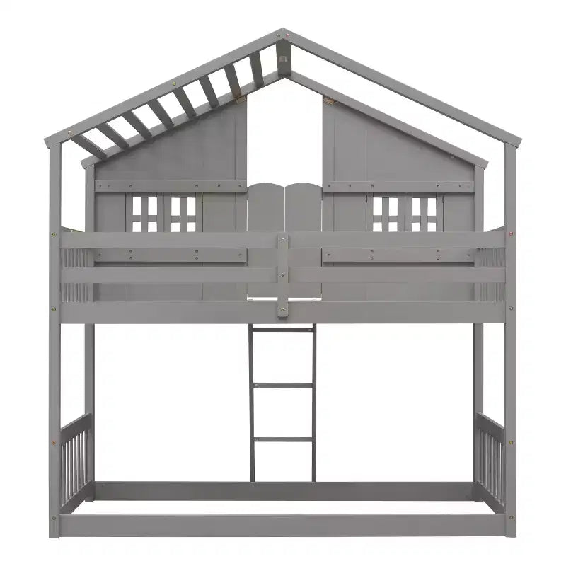 MAYEERTY Twin Over Twin House Bunk Pine Wood Bed with Roof Window Box Door Guardrails Ladder Gray for Bedroom